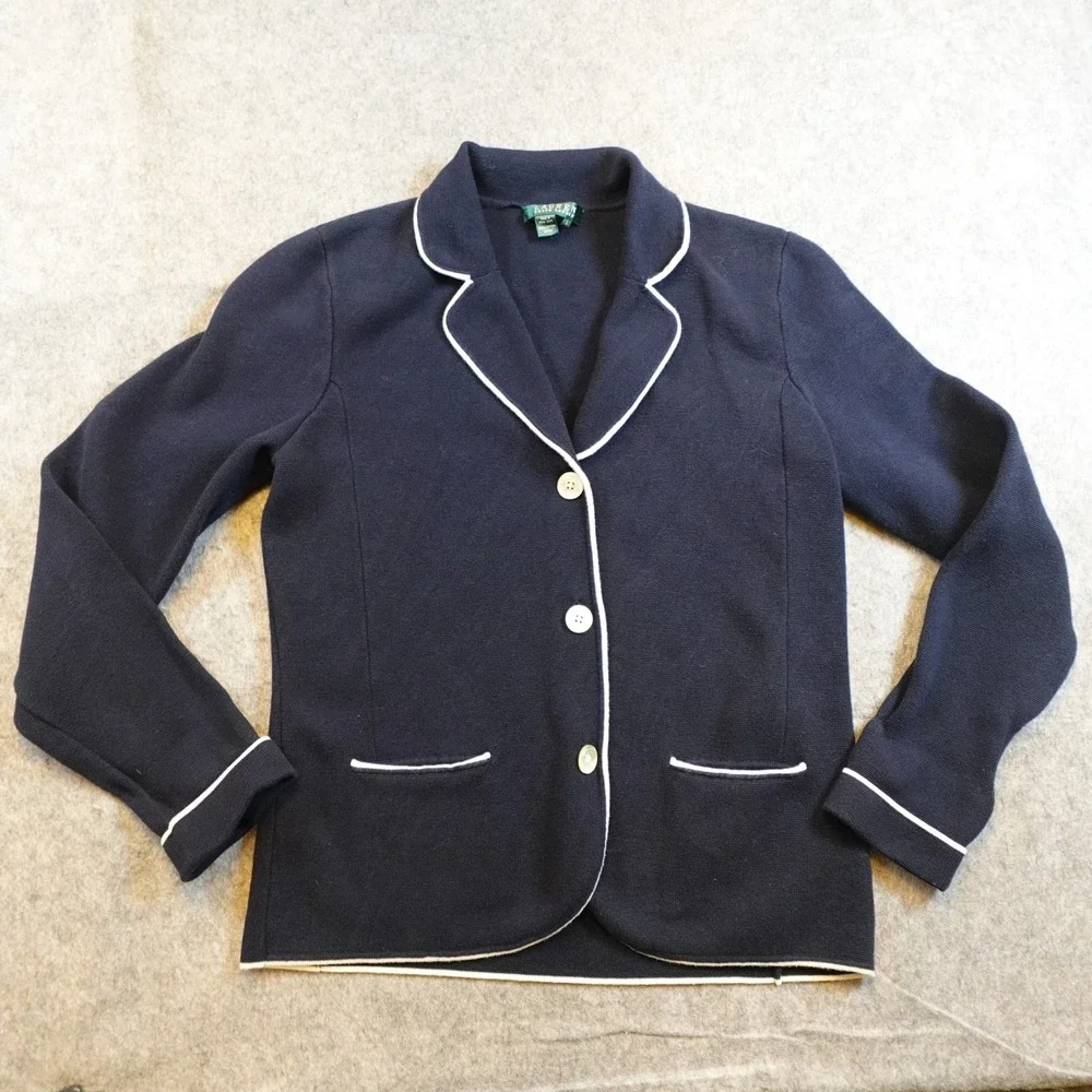 Ralph Lauren Blazer Women Large Navy Blue White Trim Knit Button Unstructured